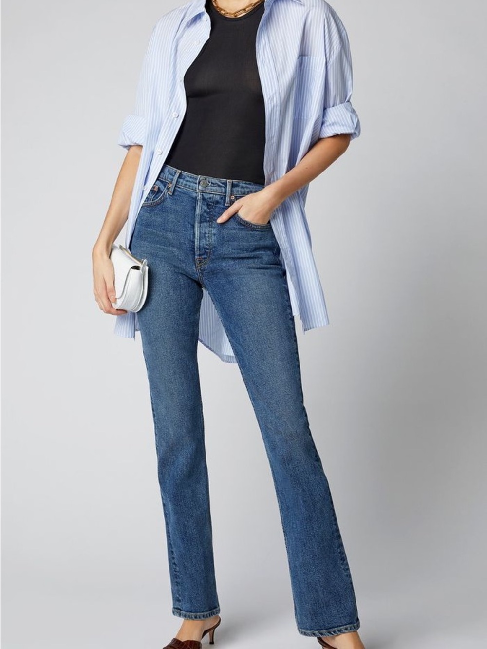 GRLFRND The Sunny High-Rise Flare Jeans in Medium Blue Size 30